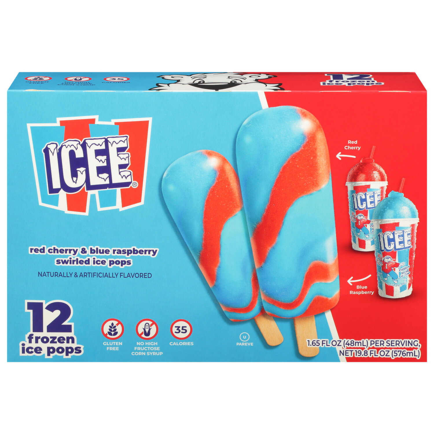 Icee Frozen Ice Pops, Red Cherry & Blue Raspberry, Swirled - 12