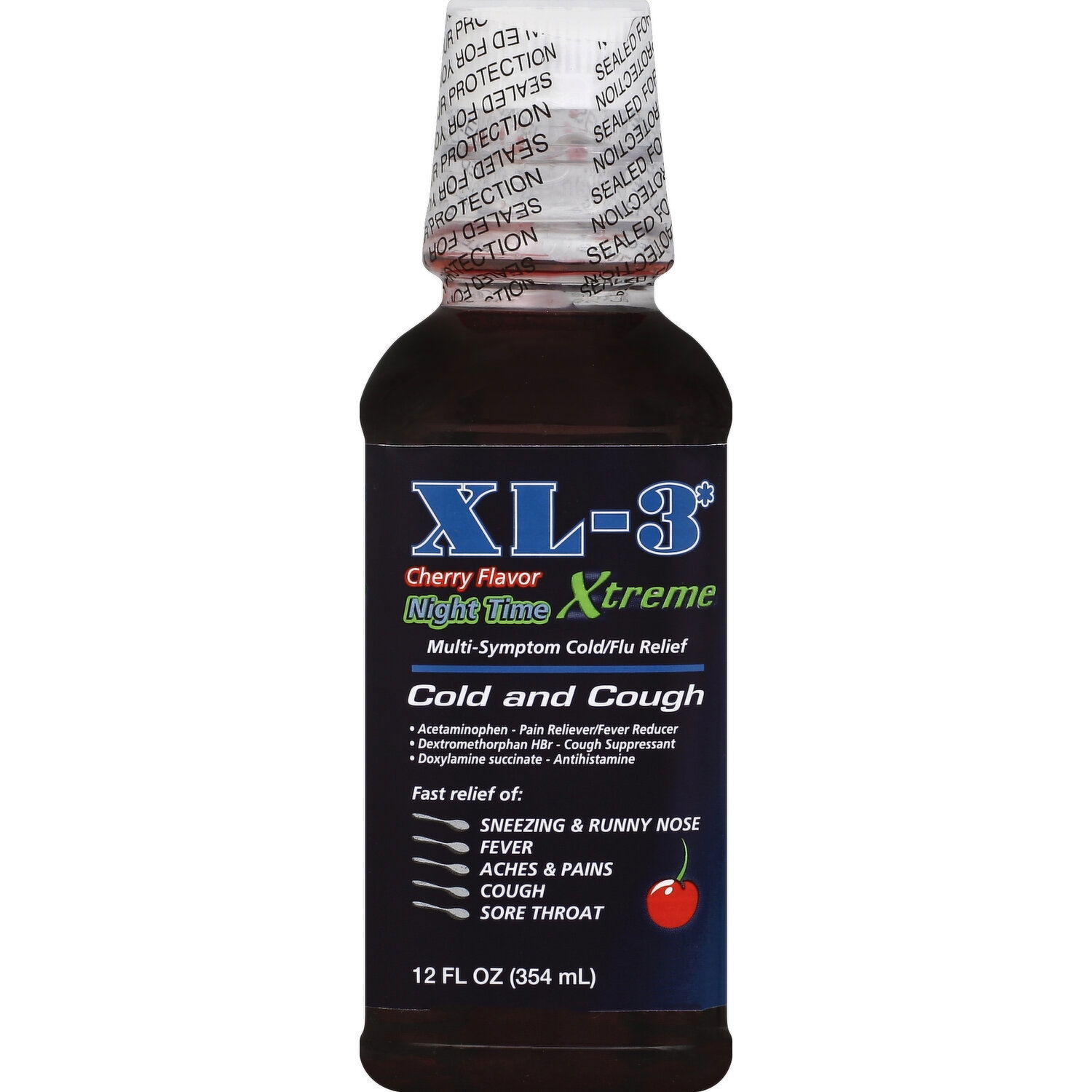 XL 3 Cold and Cough, Xtreme, Night Time, Cherry Flavor - 12 Ounce