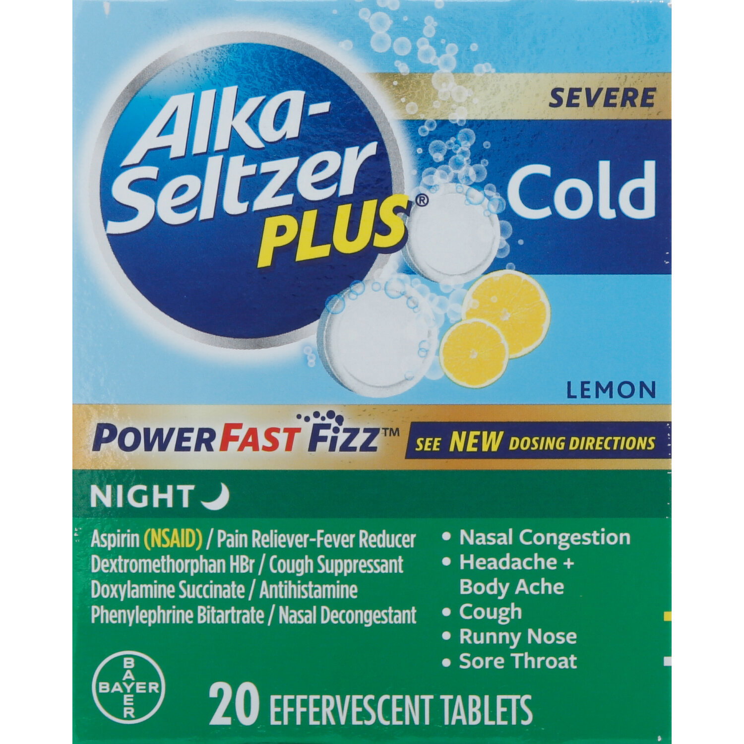Alka-Seltzer Plus Cold, Severe, Night, PowerFast Fizz, Effervescent Tablets, Lemon Image 1 of 2