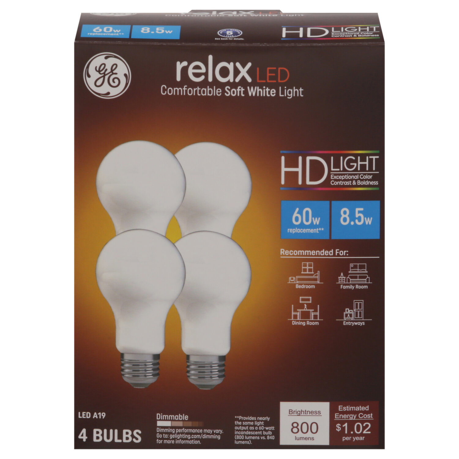 GE Bulbs, Relax LED, A19, 8.5 Watts, Dimmable - 4 Each
