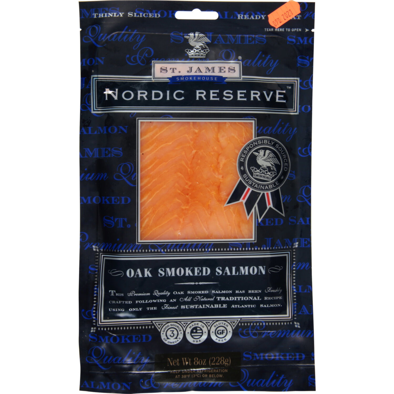 St. James Smokehouse Salmon, Oak Smoked, Thinly Sliced - 8 Ounce Image 1 of 3