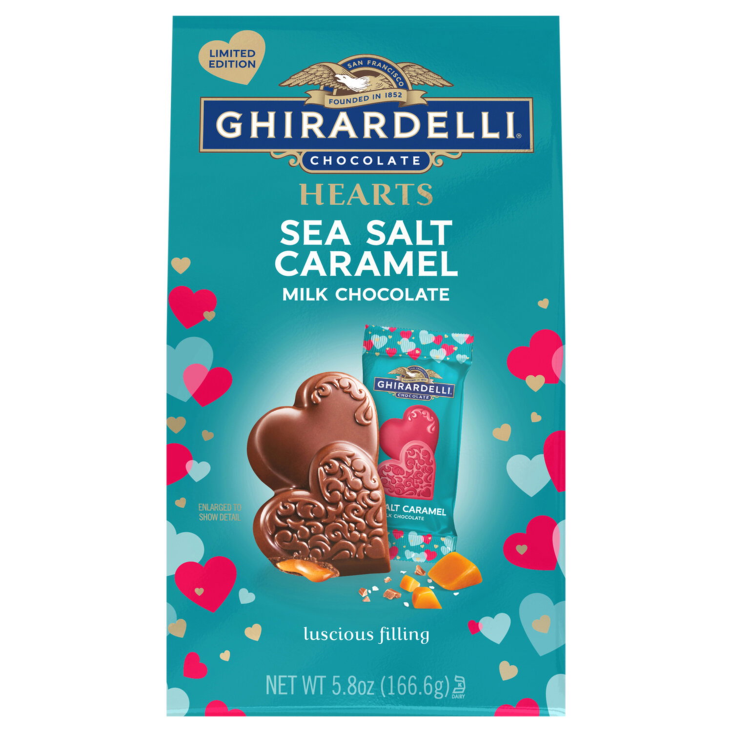 Ghirardelli Milk Choclolate, Hearts, Sea Salt Caramel Image 1 of 3