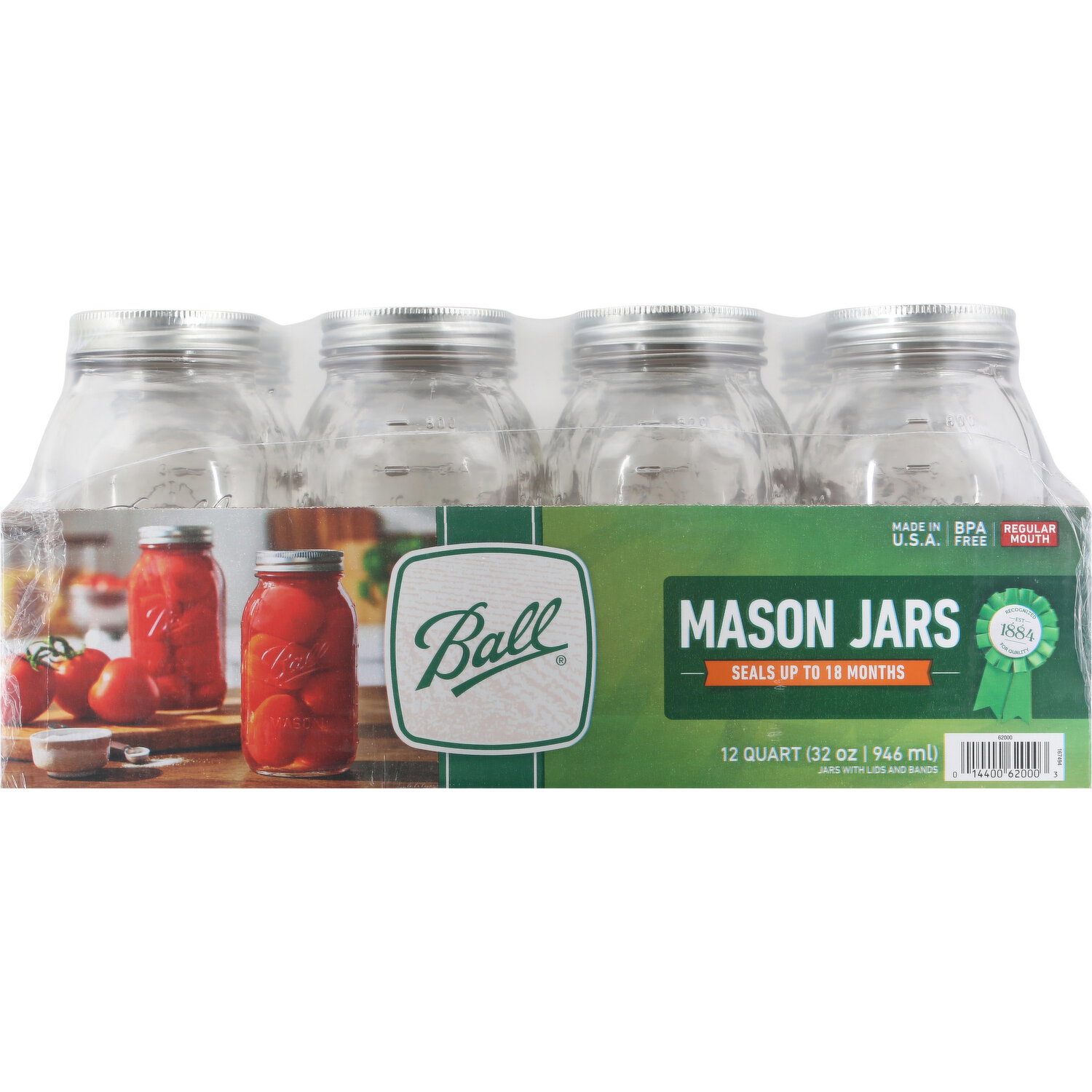 Ball Mason Jars, Regular Mouth, Quart - 12 Each