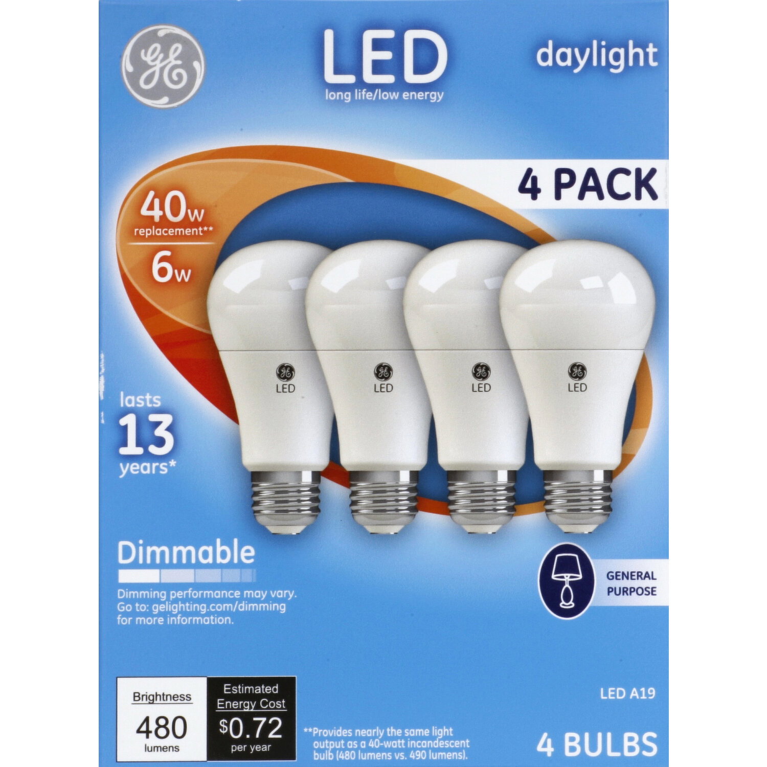 GE Light Bulb, LED, Daylight, 6 Watts, 4 Pack - 4 Each