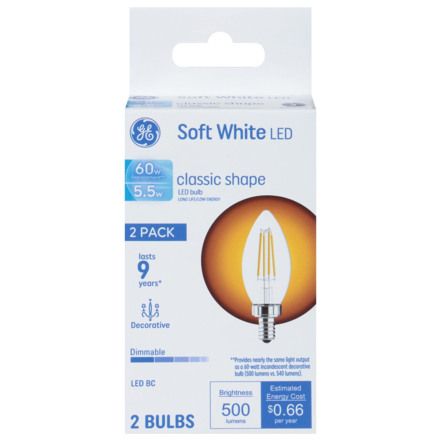 GE Light Bulbs, LED, Soft White, Classic Shape, 5.5 Watts, 2 Pack - 2 Each