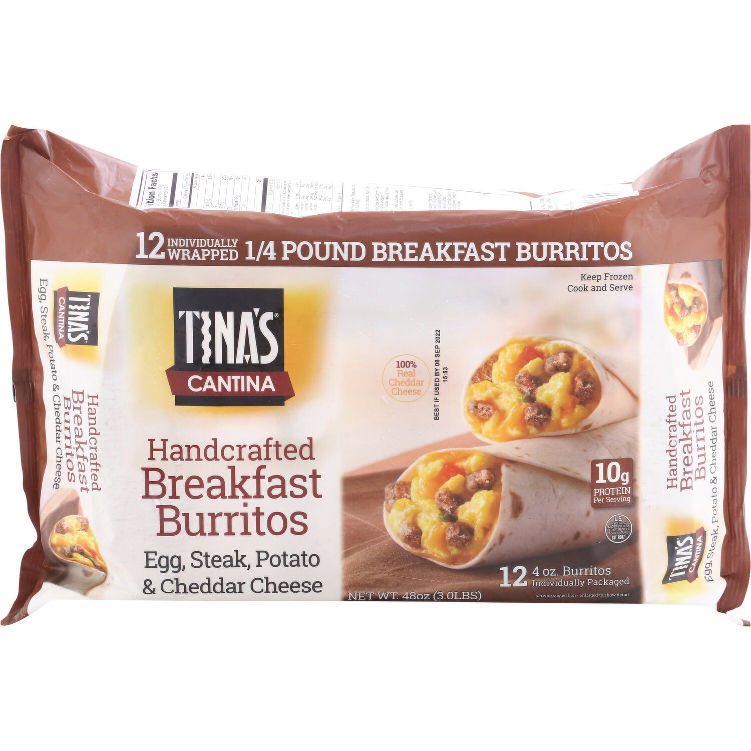 Tina's Breakfast Burrito, Handcrafted, Egg, Steak, Potato & Cheddar Cheese, 12 Pack Image 1 of 3
