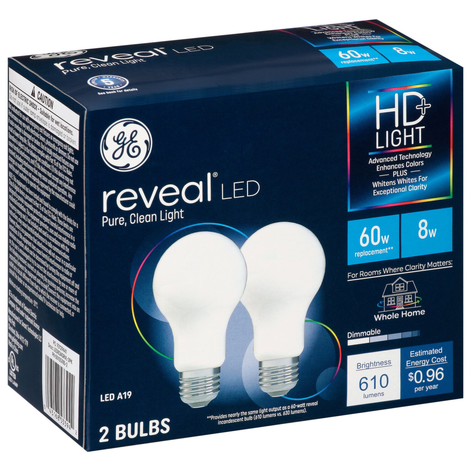 GE Light Bulbs, LED, HD+ Light, 8 Watts - 2 Each